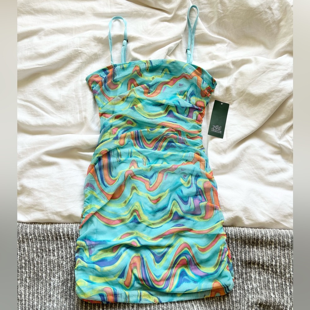 Wild Fable Mesh Midi Dress Ruched Wave Print Square Neck